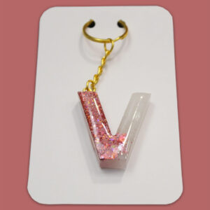 Pink Sparkly Letter V Keychain